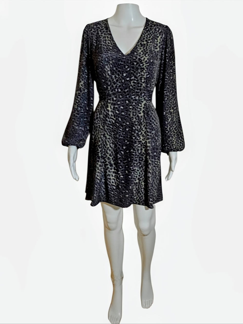Hush Leopard Print VNeck Mini Dress | Puff Sleeve Tie Back Sustainable Uk10/Usa6